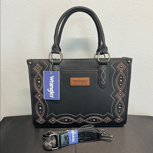 Wrangler Handbags - Wrangler | Black Tote w/ Embroidered Accents & Crossbody Strap
